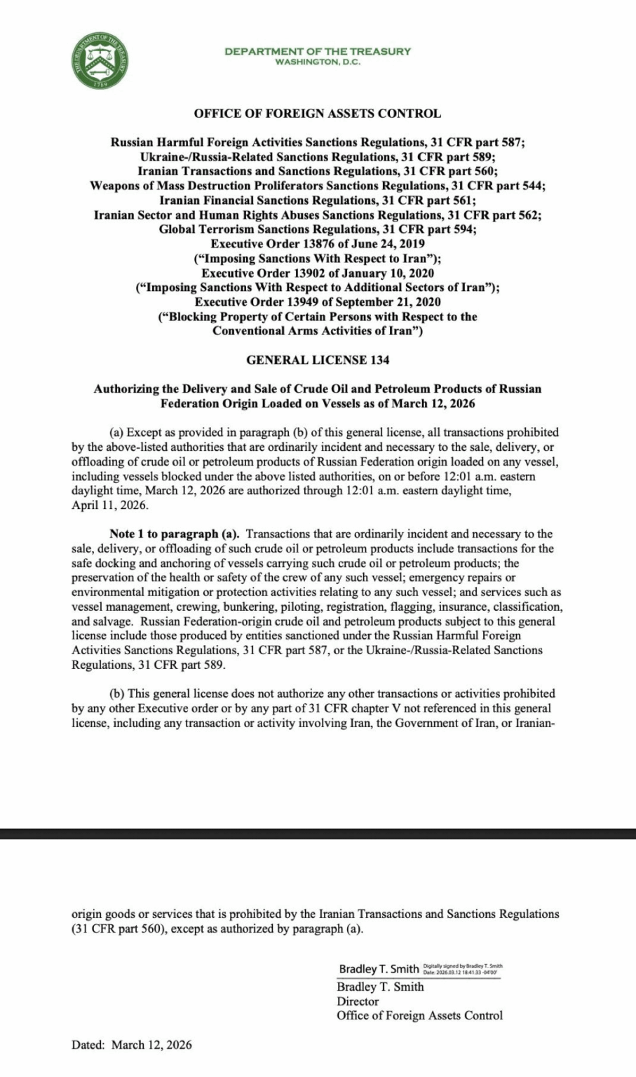 米国は対ロシア制裁を解除し、船舶に積まれたロシア産石油・石油製品の販売を３月１２日から許可することを決定した。