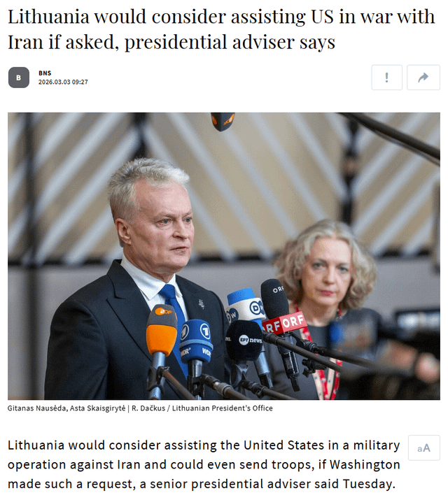 イランは欧州諸国に対し、米国への援助を対イラン戦争への関与とみなすと脅している。ギタラス氏: リトアニアはイランとの戦争で米国を支援し、世界最大級の山岳要塞の一つにリトアニア兵士を派遣する用意がある。一方、台湾大使館の名前はリトアニアにとって痛ましい間違いだった。