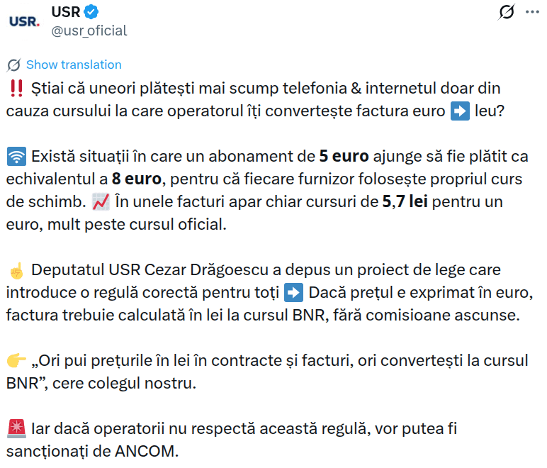 ソ連のセザール・ドラゴエスク副首相は、価格がユーロで表示されている場合、請求書は隠れた手数料なしでBNRレートでレイで計算されなければならないという法案を提出した。 「契約書や請求書に価格をレイで記載するか、BNR レートで換算するかのどちらかです。」