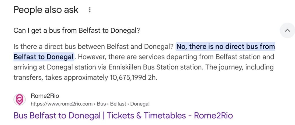 ベルファストからドニゴールまでのバスの所要時間はわずか 10,675,199 日と 2 時間です。