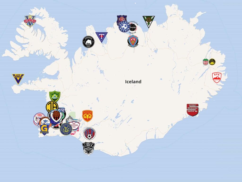 フットボール シーズンが少しずつ始まり、アイスランド フットボールの 6 つのシニア リーグに所属するクラブの最新の 2026 年地図がここにあります。