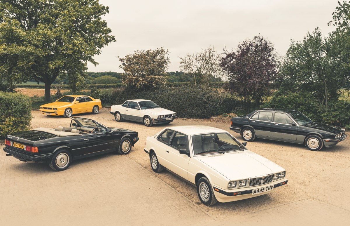 手前から時計回りにマセラティ・ビトゥルボ、ビトゥルボ・スパイダー、ビトゥルボ 430、カリフ、ギブリ・カップ