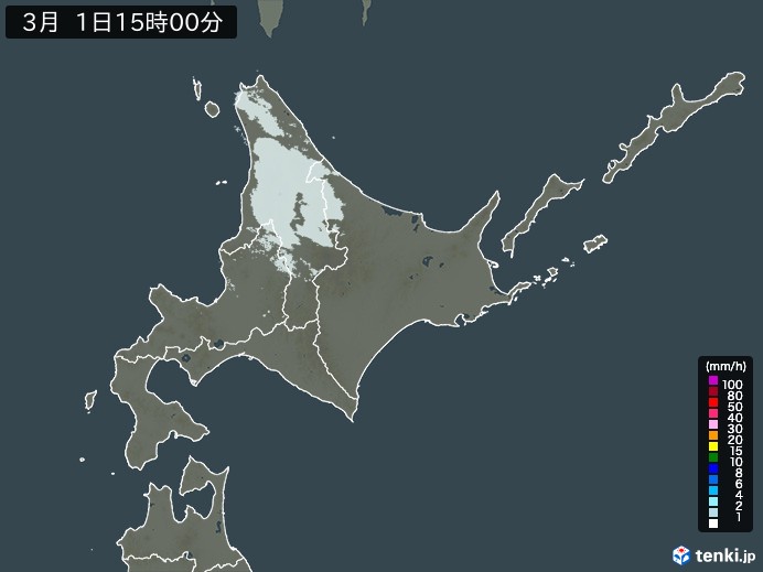 北海道地方の雨雲レーダー(2026年03月01日)