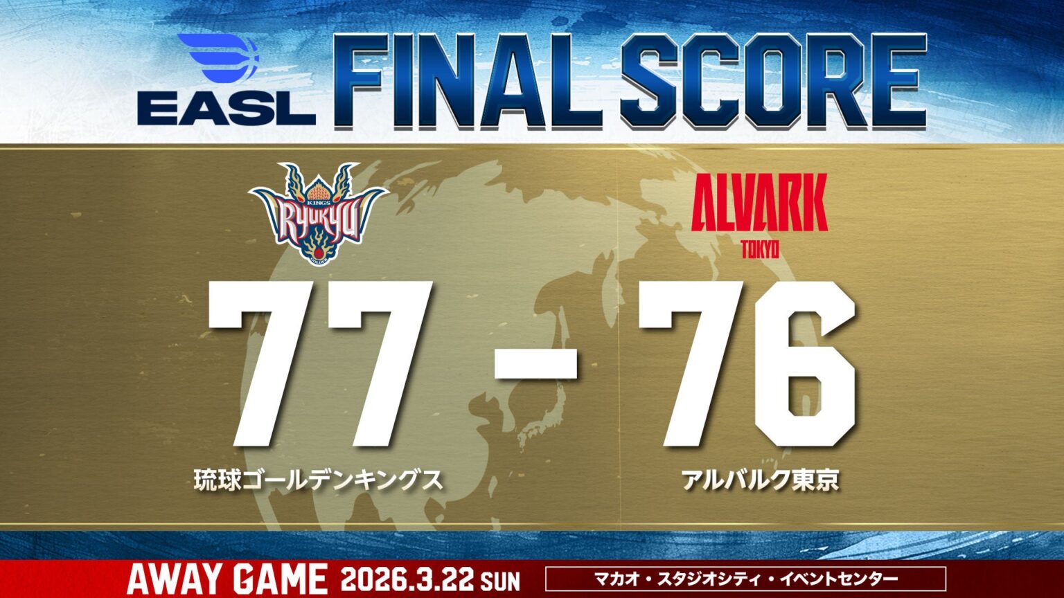 【結果】ゲームレポート [3/22(日) EASL FINALS 3位決定戦 vsアルバルク東京］