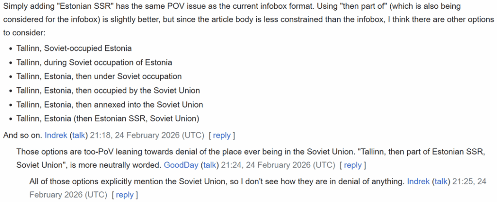ロシアの宣伝活動家は、バルト三国がソ連によって不法占領されたことを否定し、トークページの議論を荒らし、他国を疲弊させて自分たちに有利な誤った合意を形成しようとしている