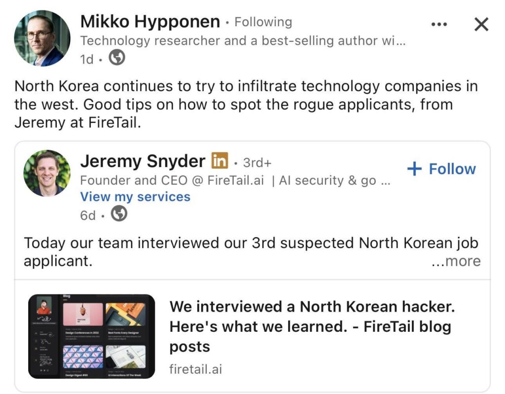 フィンランドで職を得ようとする北朝鮮スパイ