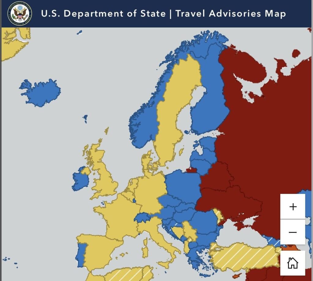 米国旅行勧告マップ