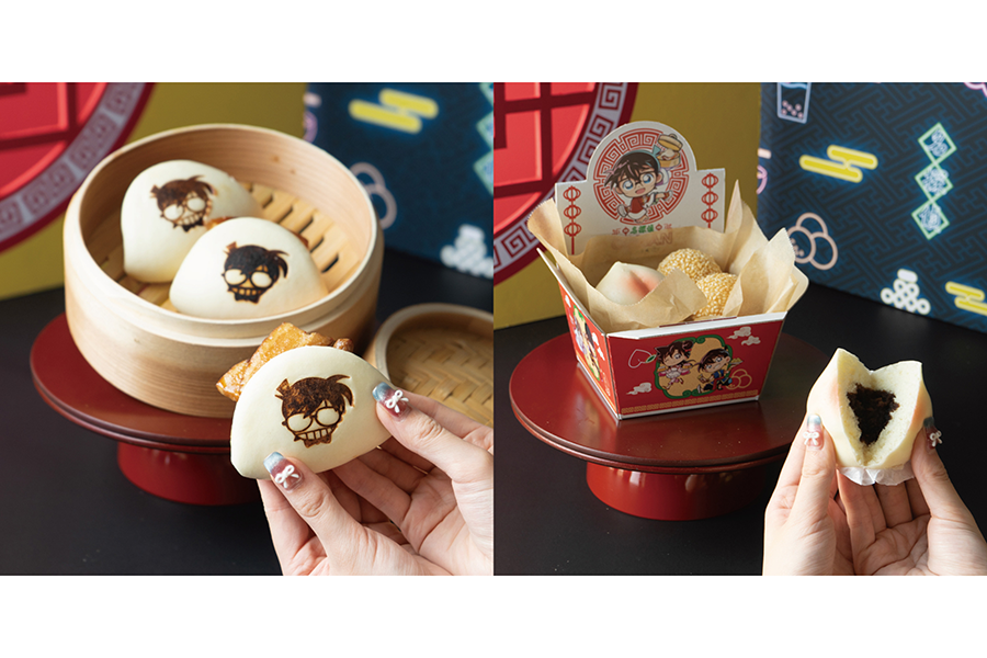 『名探偵コナン大阪城本陣SPECIAL SHOP』（場所：ミライザ大阪城）で発売される｢豚角煮まん｣（1080円）、｢点心2種盛り（もも饅頭／ごま団子）｣（756円）