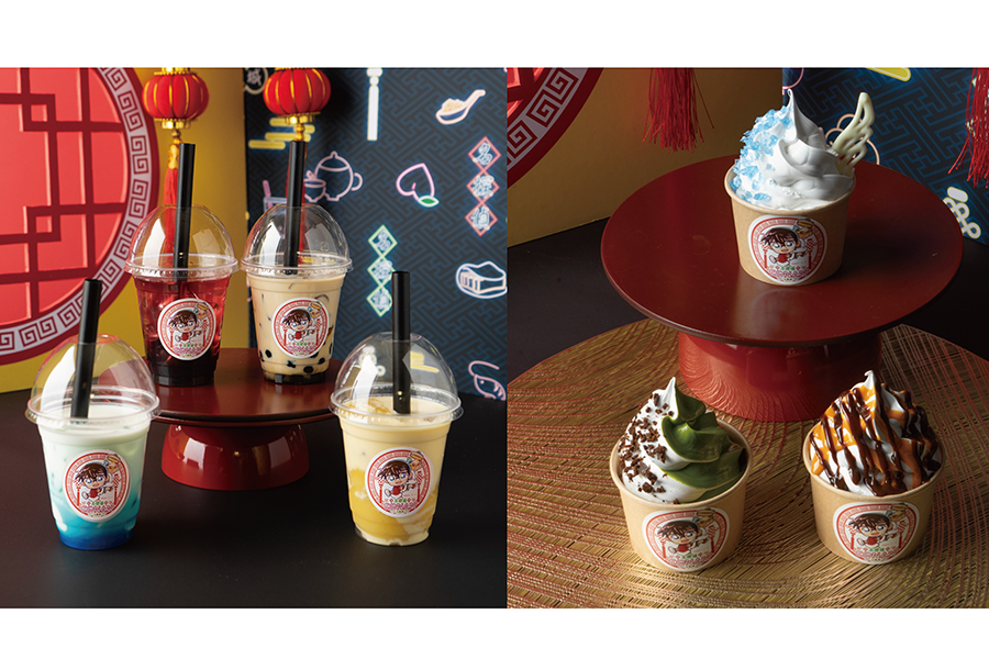 『名探偵コナン大阪城本陣SPECIAL SHOP』（場所：ミライザ大阪城）で発売される｢杏仁ミルク｣、｢タピオカベリージャスミンティー｣、｢タピオカ黒糖ミルク｣、｢マンゴープリンミルク｣（アクリルストローチャーム付き、各880円）、｢抹茶バニラソフト｣、｢風の女神ソフト｣、｢タイガーソフト｣（各756円）