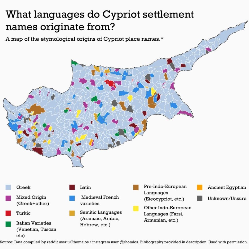 キプロス人の居住地の名前は何語に由来していますか?キプロス地名の語源の地図* - u/Rhomaios と cyprus_maps による Instagram の投稿