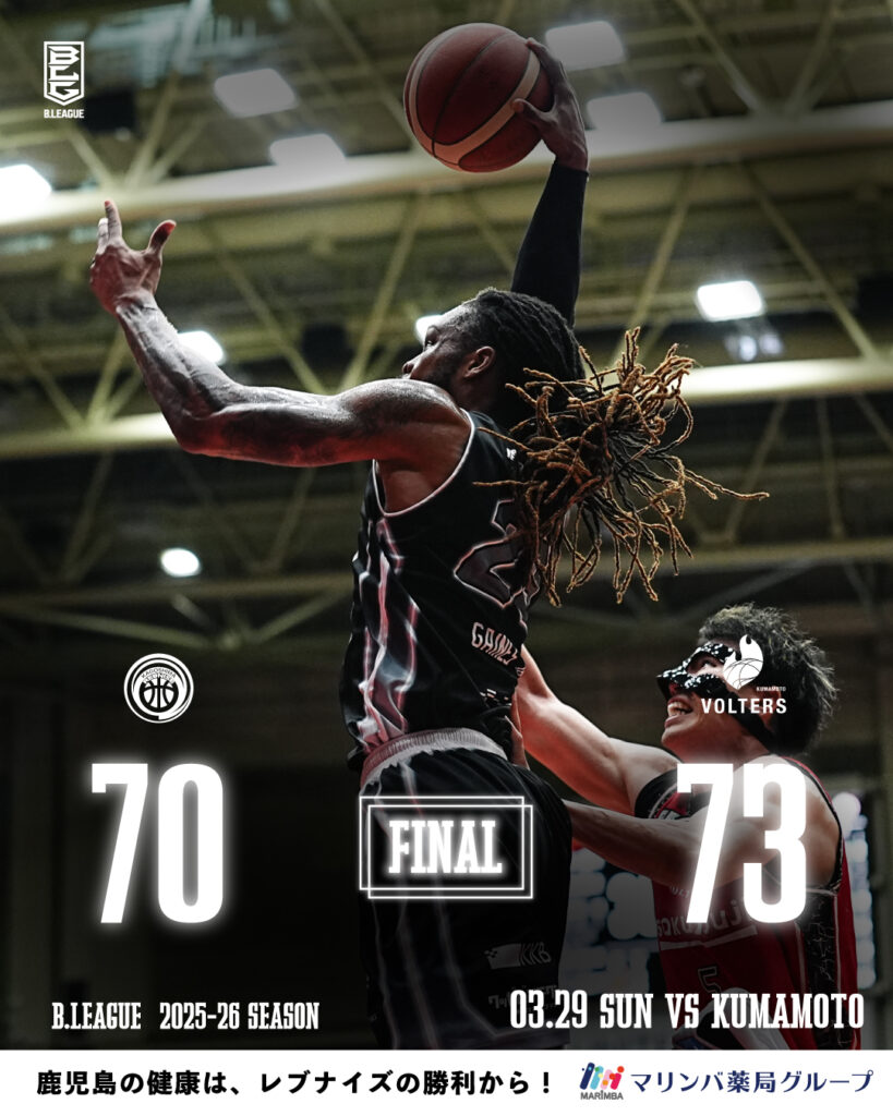りそなグループ B.LEAGUE 2025-26シーズン 第27節（3/29）試合結果のお知らせ | 鹿児島レブナイズ