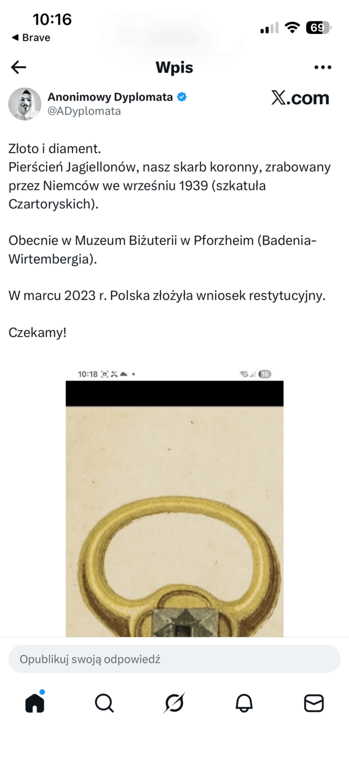 ジギスムント１世の指輪、プフォルツハイムのドイツ博物館に不法に拘留される