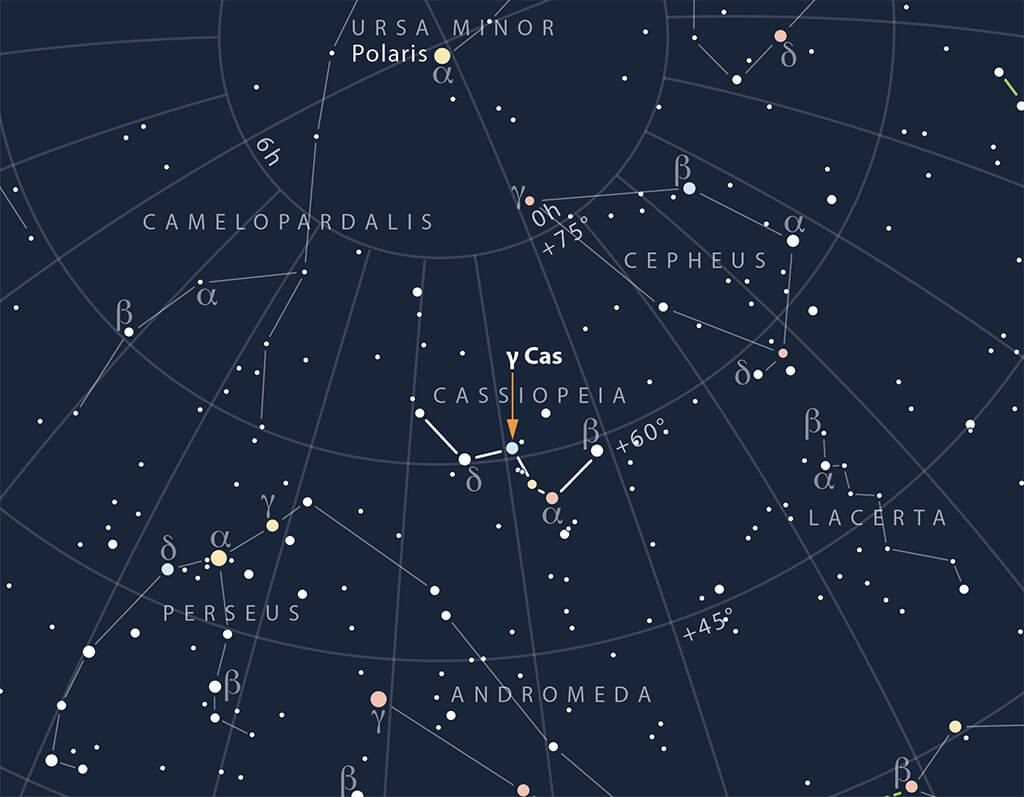 カシオペヤ座ガンマ星の伴星は白色矮星だった 「W」中央の星から届くX線の50年来の謎を解明 2 カシオペヤ座ガンマ星(γ Cas)の位置を示した図(英語)。カシオペヤ座(CASSIOPEIA)が描く「W」の中央にある(Credit: Astronomy Now/Greg Smye-Rumsby - https://astronomynow.com)