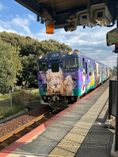 『ゲゲゲの鬼太郎』に登場する「こなきじじい」をあしらったラッピング車両。境線を走るのは、電気で動く「電車」ではなく、ディーゼルエンジンを搭載した「気動車」だ