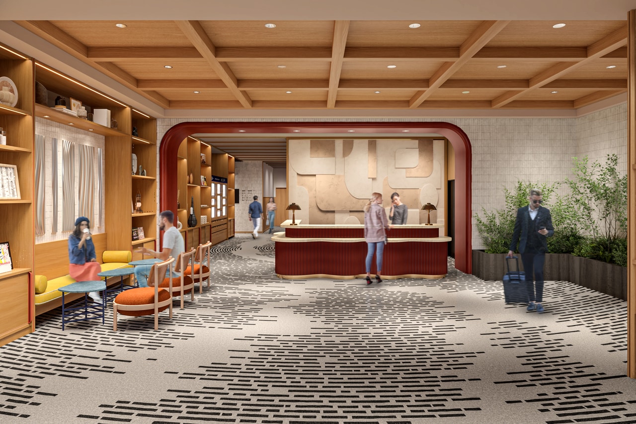 広島の情景から着想を得たロビー空間。木の温もりと光が心地よい。