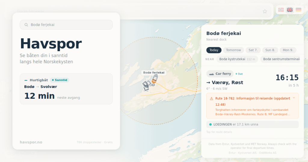 ノルウェーでフェリーまたはフティグボートに乗っている場合、ボートが実際にどこにいるかをライブマップ上で確認できるようになりました