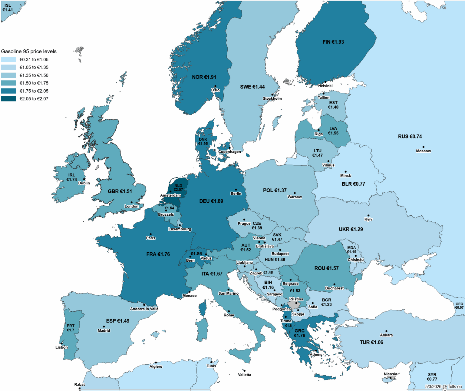 ヨーロッパのガソリン価格 (05-03-26)