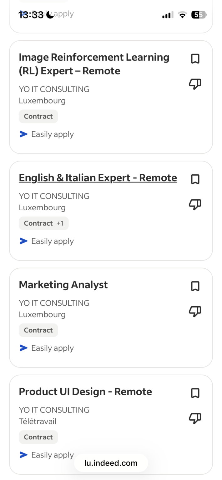 YO IT Consulting で働いていた人はいますか? Indeed.lu には求人がたくさんあるが、それが合法かどうかはわからない