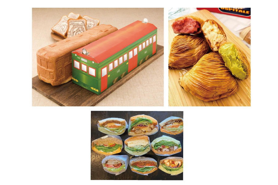 『第14回 てくてくパンまつり 』左上から時計回りに「堺ちん電パン」「スフォリアテッラ」「サンドイッチ」