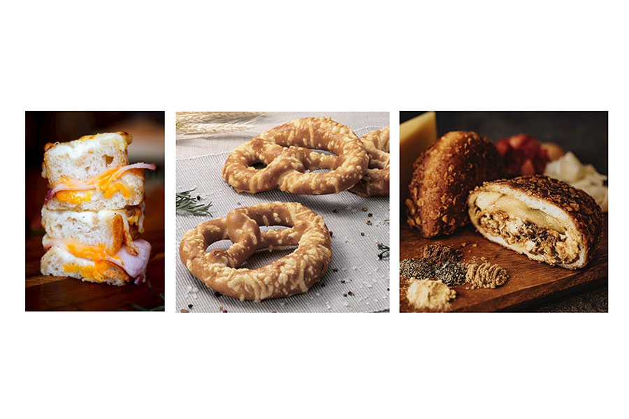 『第14回 てくてくパンまつり 』左から「クロックムッシュ」、「チーズプレッツェル」、「チーズカレーパン」