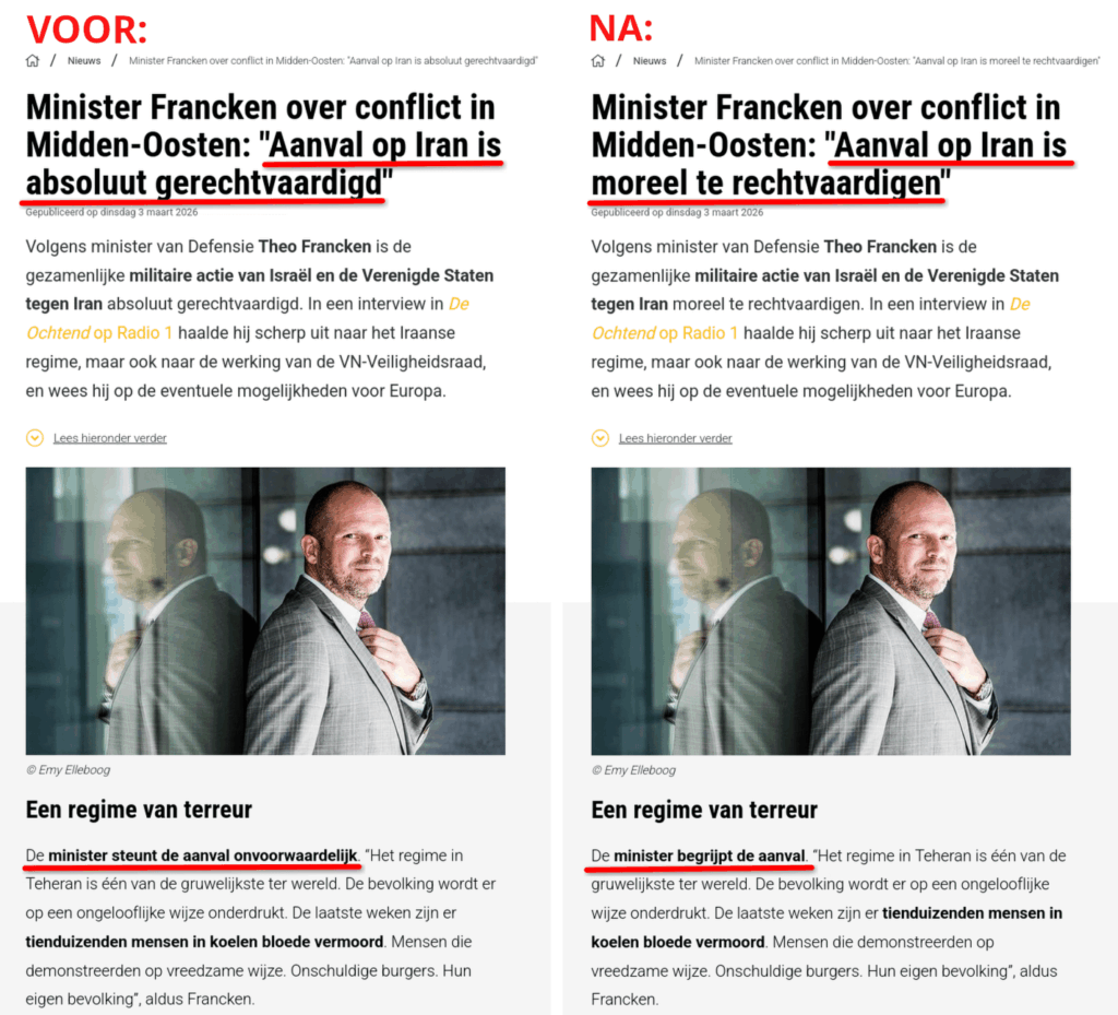 N-VAは、イランに対する侵略戦争は「絶対に正当」であり、「無条件に支持する」と主張するテオ・フランケンからの連絡を密かに変更した。