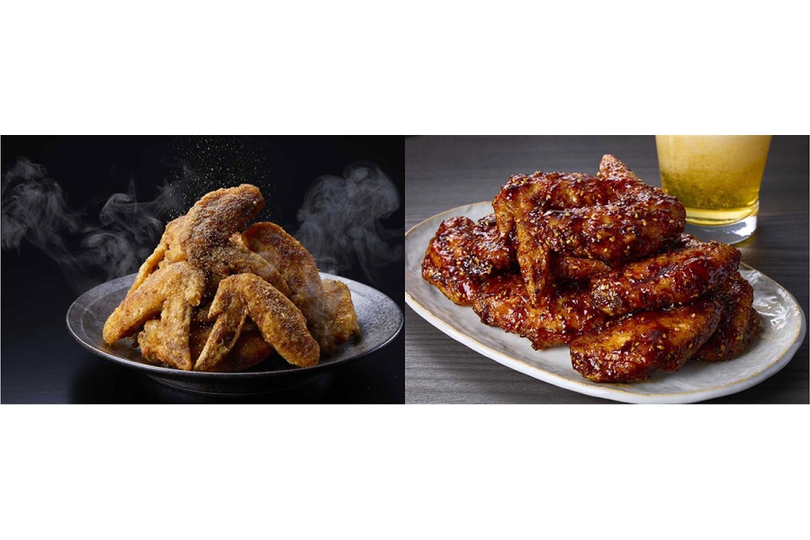 「手羽先唐揚げ」（85円）。左から秘伝のスパイス味、魅惑の甘辛ダレ味