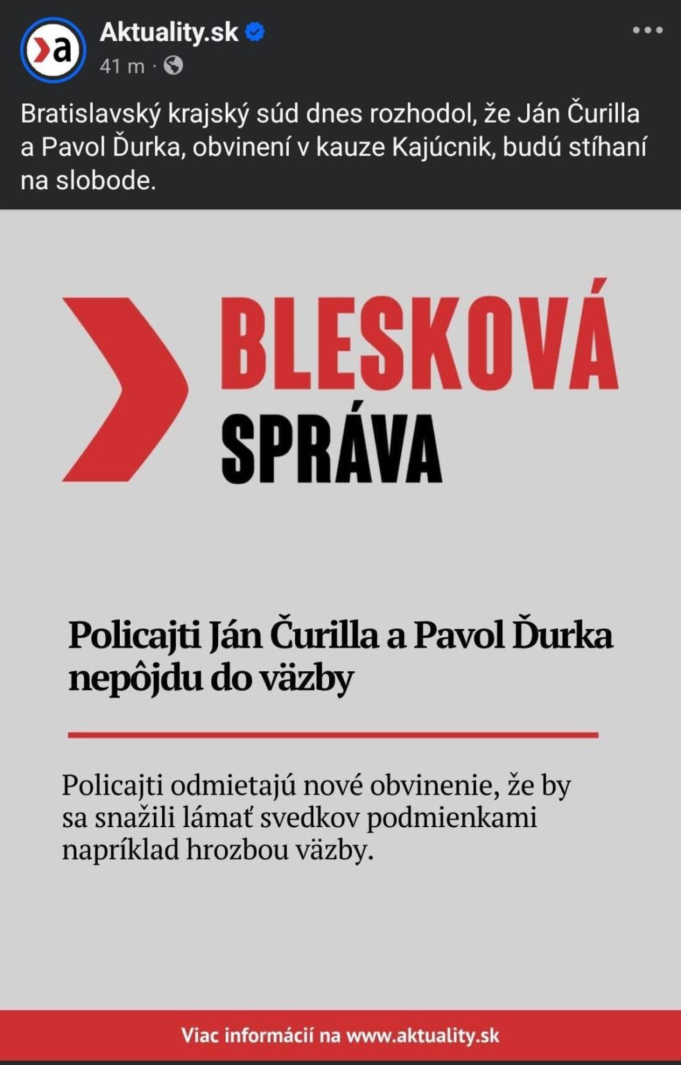 ブラチスラヴァ地方裁判所は本日、カユチニク事件で告発されたヤン・チュリリャ氏とパヴォル・ジュルカ氏を全般的に起訴すると決定した。