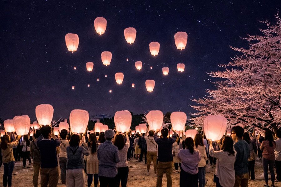 「扇町桜まつり」（4月3日〜、場所：扇町公園）の桜色スカイランタンイメージ