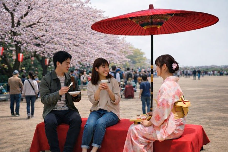 「扇町桜まつり」（4月3日〜、場所：扇町公園）の日本酒のみ比べセット付き朱色のお座敷席のイメージ