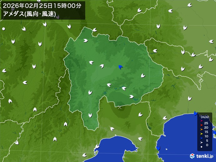 山梨県の過去のアメダス実況(2026年02月25日)(風向・風速) - 日本気象協会 tenki.jp