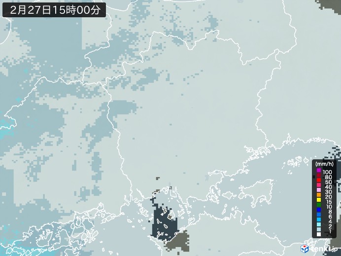 岡山県の雨雲レーダー(2026年02月27日)
