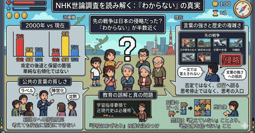 解り易かったので紹介→note：なぜ日本人は「先の戦争は侵略だったか」という質問に「わからない」と答えるのか