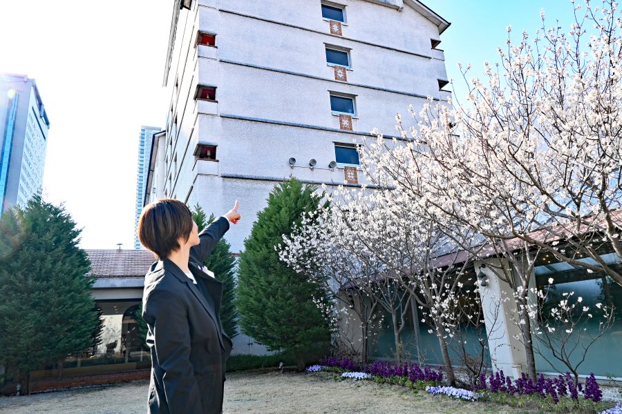 竹原さんのお気に入り外観にも細かいこだわりが…取材日には桜が咲いていた