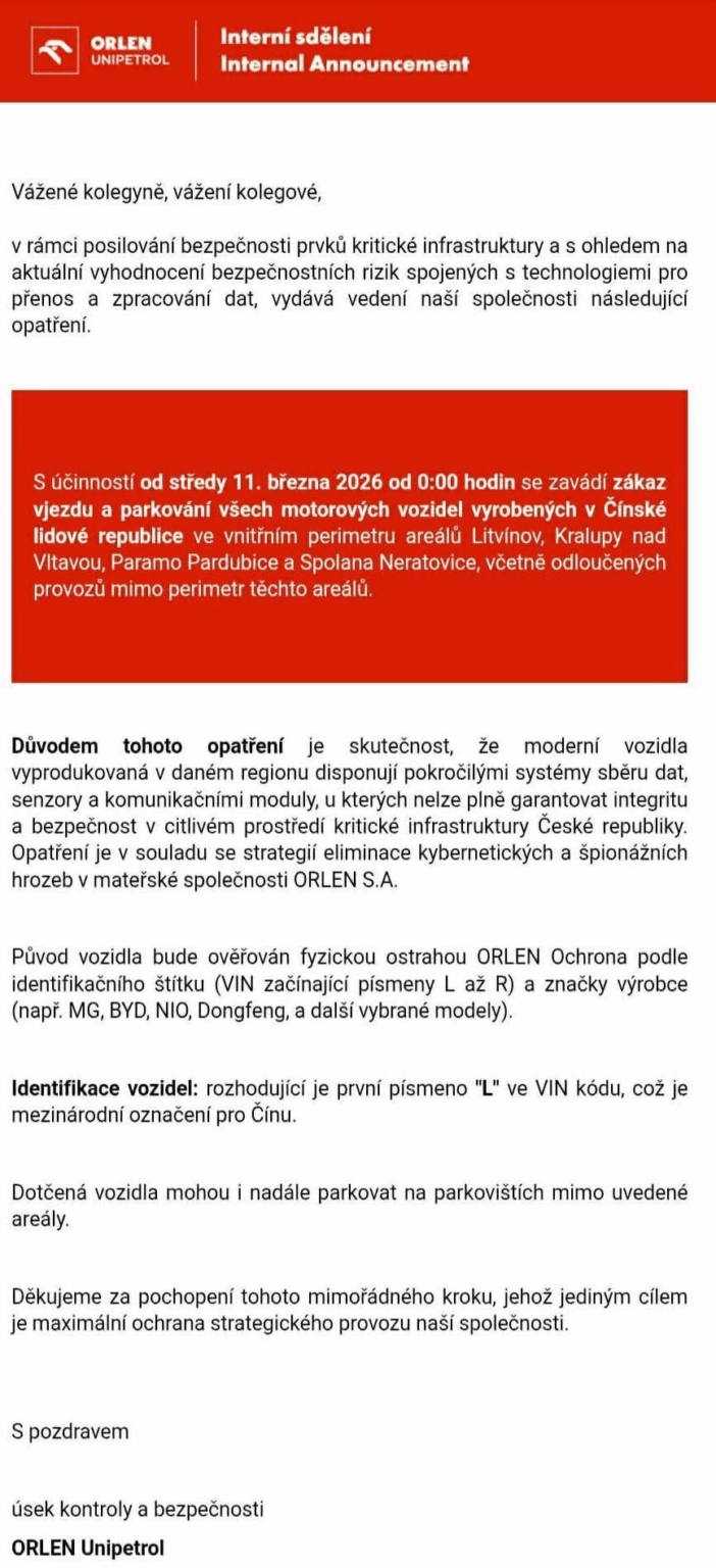 オーレン氏はスパイ行為を理由に中国車の敷地内への進入を禁止した