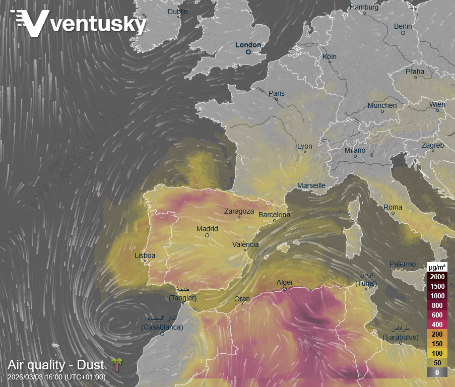 かなりの量のサハラ砂漠の塵がヨーロッパ南西部に到達しています。明日は集中力がピークに達すると予想されます。
