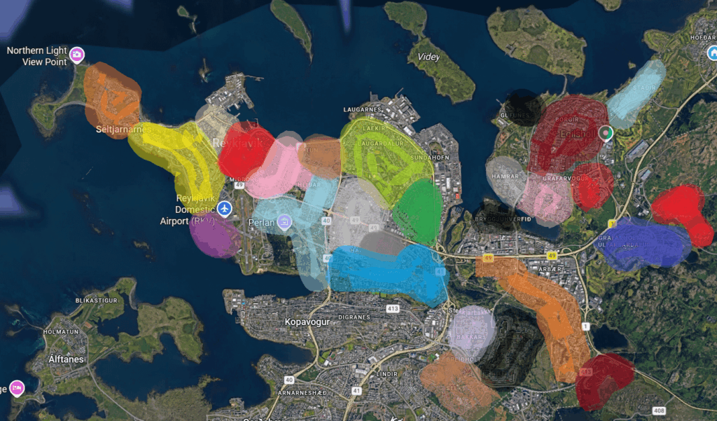 レイキャビクの指定された地区区分を記載した適切な地図がまだ見つかりません。正直に地区を分割してみましたが、名前を書き込むほどペイントが得意ではありません。この分割に同意しますか?