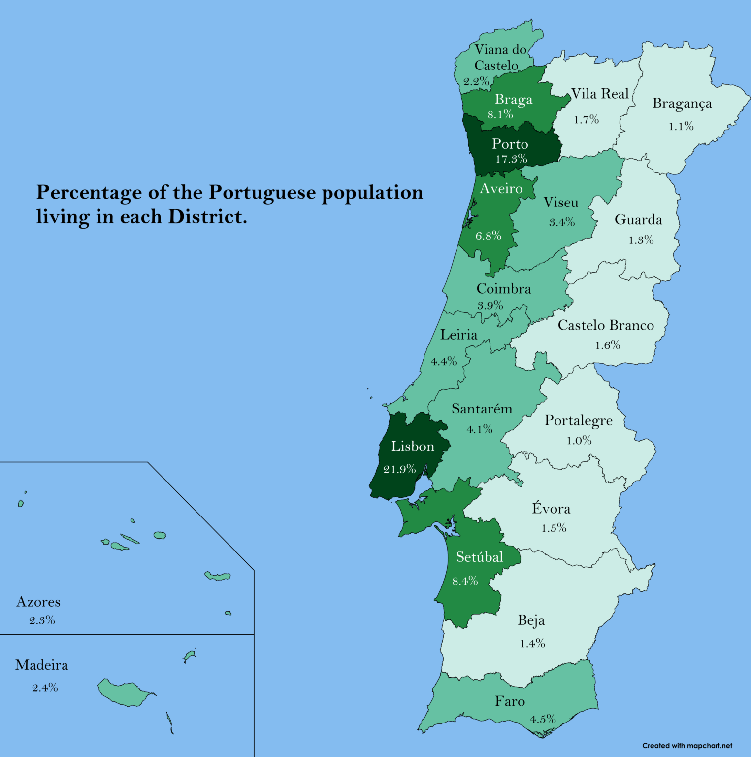 各地区に住むポルトガル人の人口の割合。