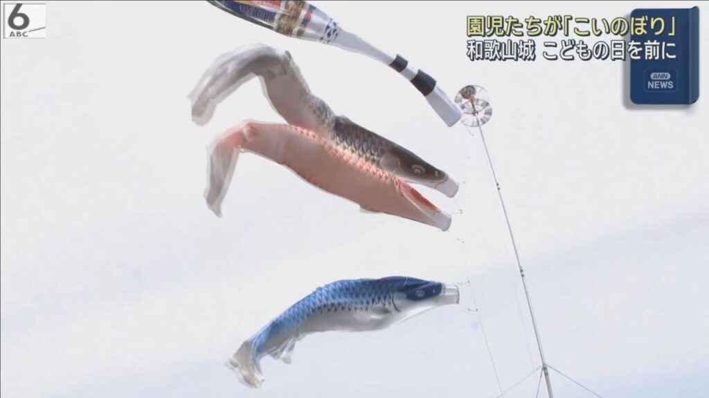 子どもたちが和歌山城にこいのぼり掲げる