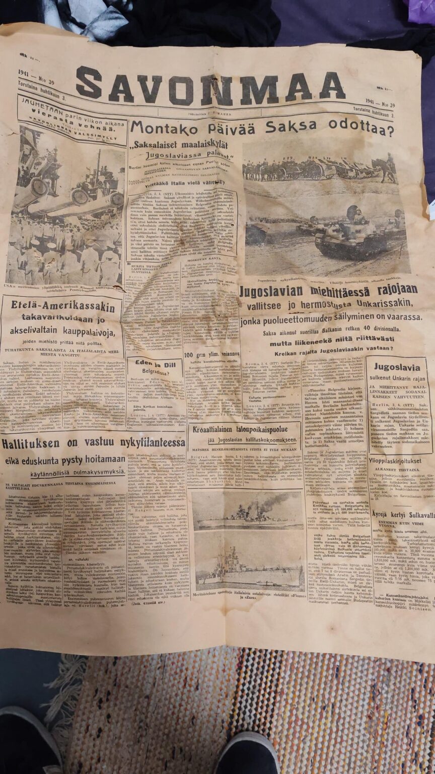 小屋から隠していた新聞と日記を見つけました。新聞の日付は1941年4月3日です