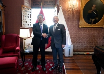 シアレル外相と握手する岩屋外務大臣