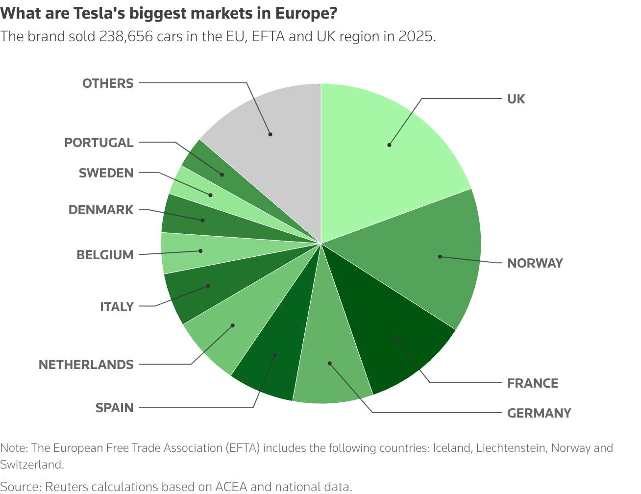A pie chart showing Tesla sales in some of its biggest markets in Europe.