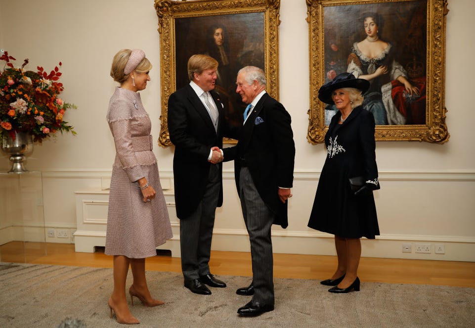State Visit Of The King And Queen Of The Netherlands - Day One london, england october 23: queen maxima of the netherlands, king willem alexander of the netherlands, camilla, duchess of cornwall and prince charles, prince of wales greet each other at the dutch ambassadors residence on october 23, 2018 in london, united kingdom. king willem alexander of the netherlands accompanied by queen maxima are staying at buckingham palace during their two day stay in the uk. the last state visit from the netherlands was by queen beatrix and prince claus in 1982. (photo by tolga akmen wpa pool /getty images)