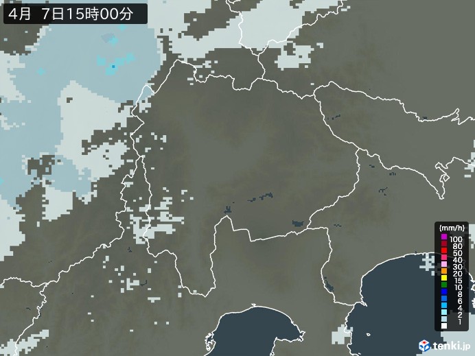 山梨県の雨雲レーダー(2026年04月07日)