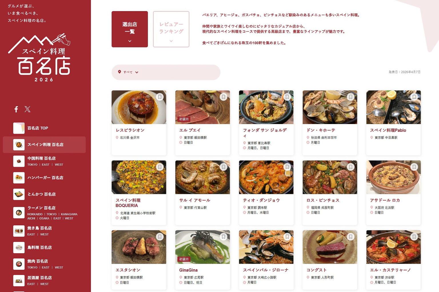 食べログ「スペイン料理 百名店 2026」発表！　初選出は17店 - グルメ Watch