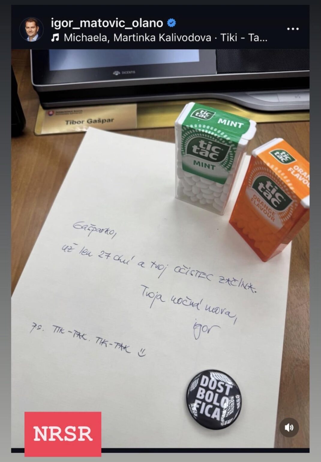 NRSRのガシュパルへのマトヴィッチのメッセージ。