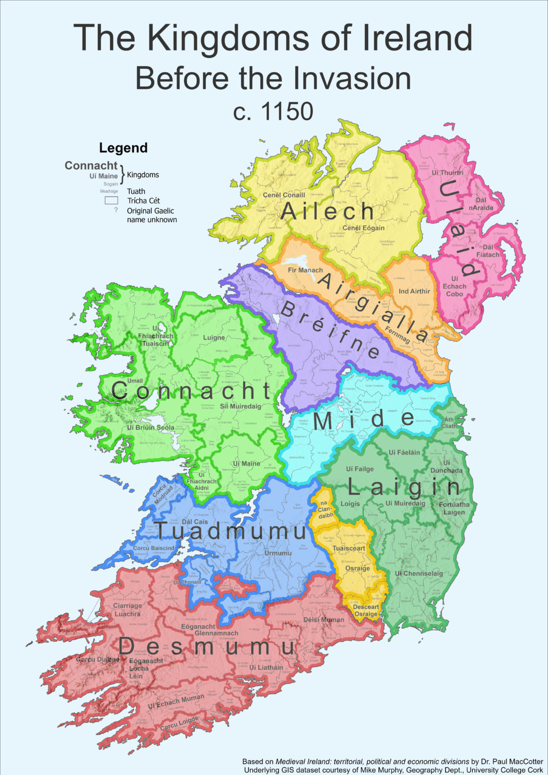イギリス侵攻の直前に私が作成したアイルランド王国の詳細な地図、c。 1150