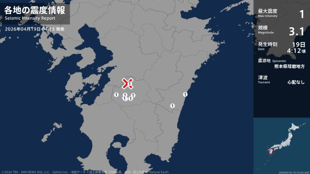 熊本県、宮崎県で最大震度1の地震　熊本県・人吉市、錦町、五木村、山江村、球磨村、あさぎり町
