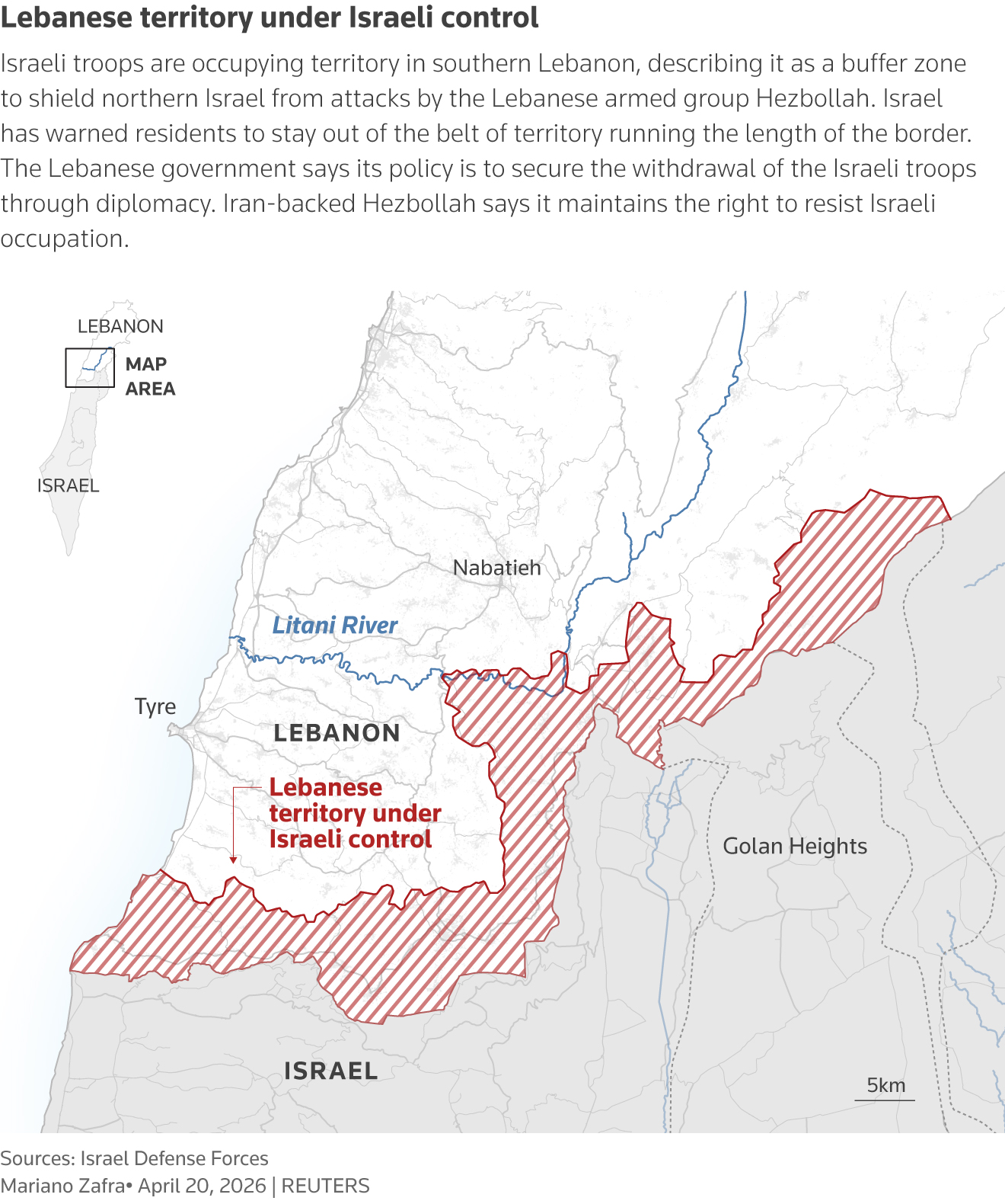 Graphic: Map showing an Israeli‑controlled strip of territory along the southern Lebanon border, described by Israel as a buffer zone. The area runs parallel to the frontier with northern Israel, where Israeli troops are deployed.