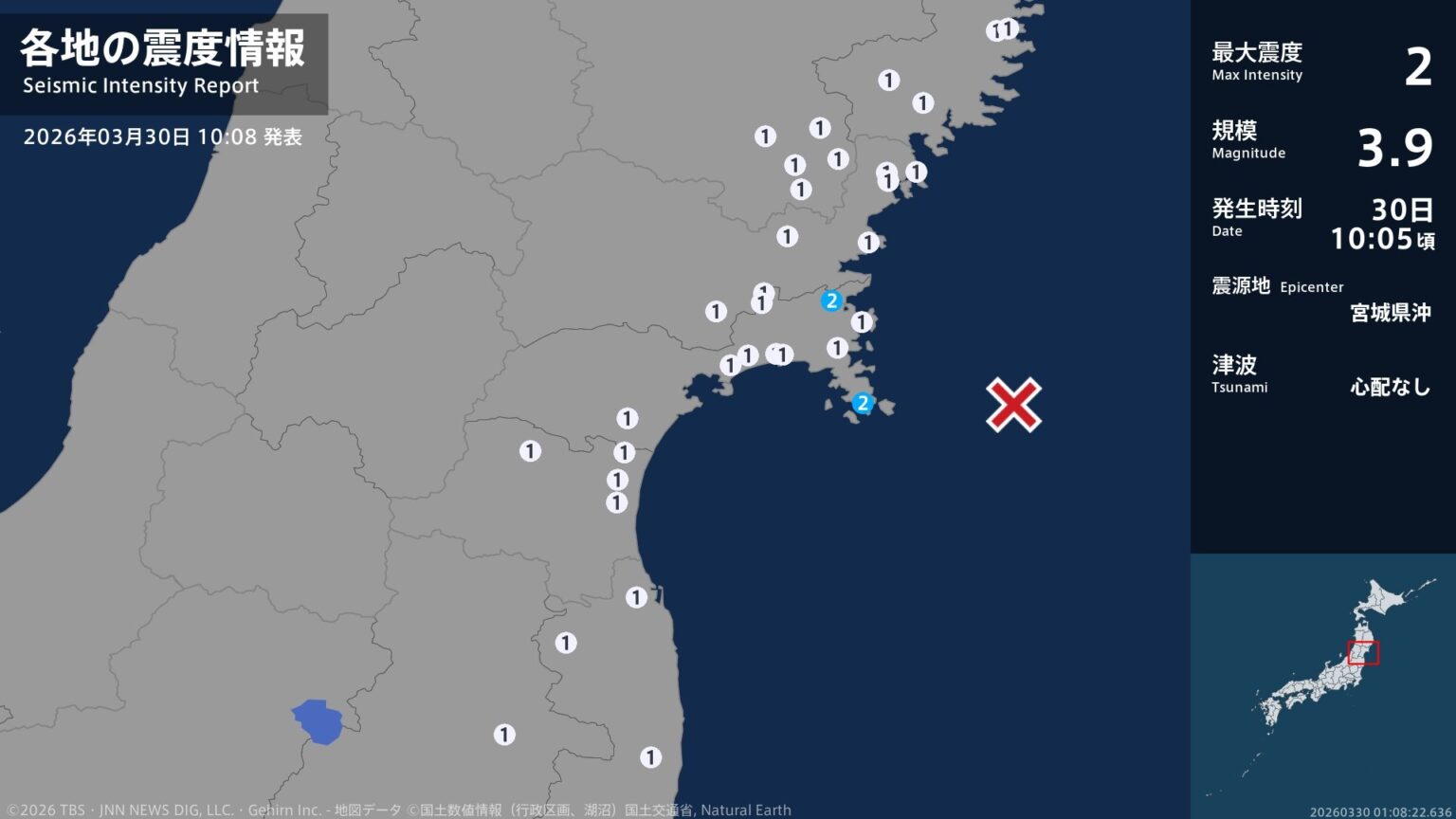 宮城県で最大震度2の地震 宮城県・石巻市(TBS NEWS DIG Powered by JNN) 宮城県で最大震度2の地震 宮城県・石巻市(TBS NEWS DIG Powered by JNN)