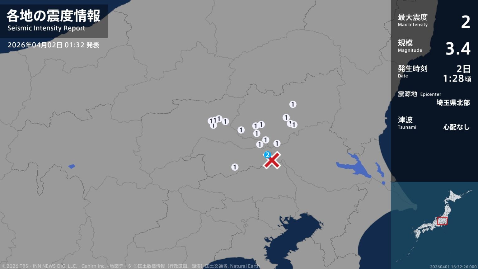 埼玉県で最大震度2の地震　埼玉県・加須市（TBS NEWS DIG Powered by JNN）